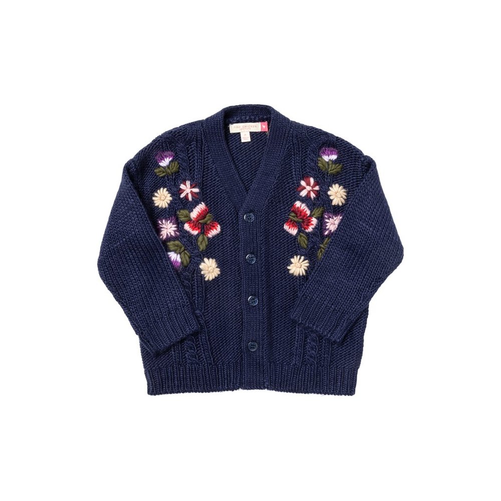 Pink Chicken Girls Grandpa Sweater in Navy Floral Embroidery